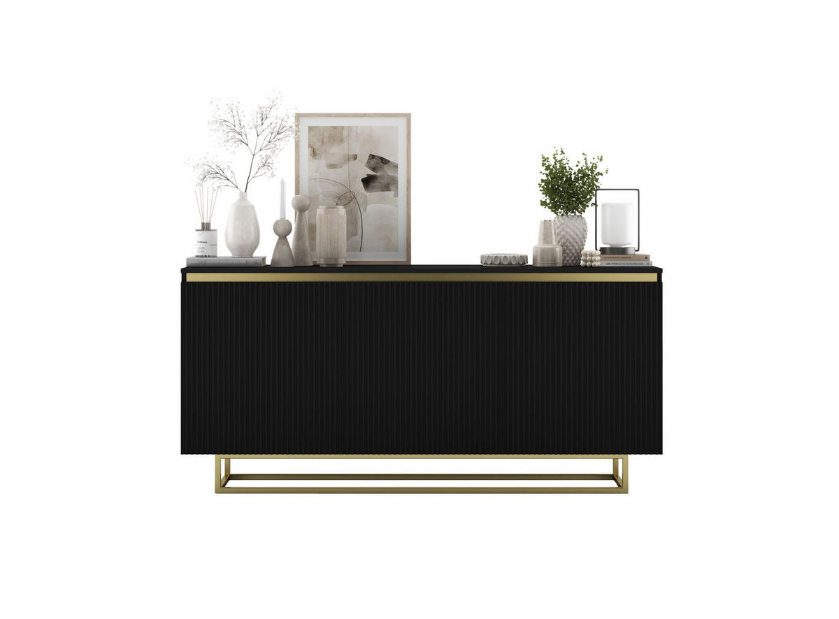 SIDEBOARD Selene 3D Schwarz Matt mit geriffelten Fronten Glamour 167 cm - Goldfarben/Schwarz, Holzwerkstoff/Metall (167/79/35cm) - Meble Lindner