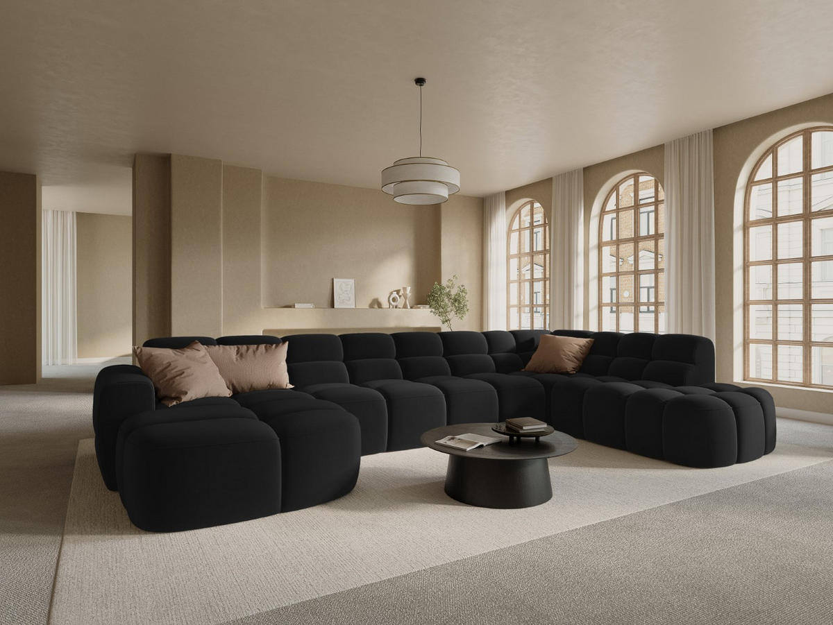 PANORAMASOFA rechts Lisa aus Samt schwarz 7 Sitzplätze - Schwarz, Textil (234/77/387cm) - Micadoni