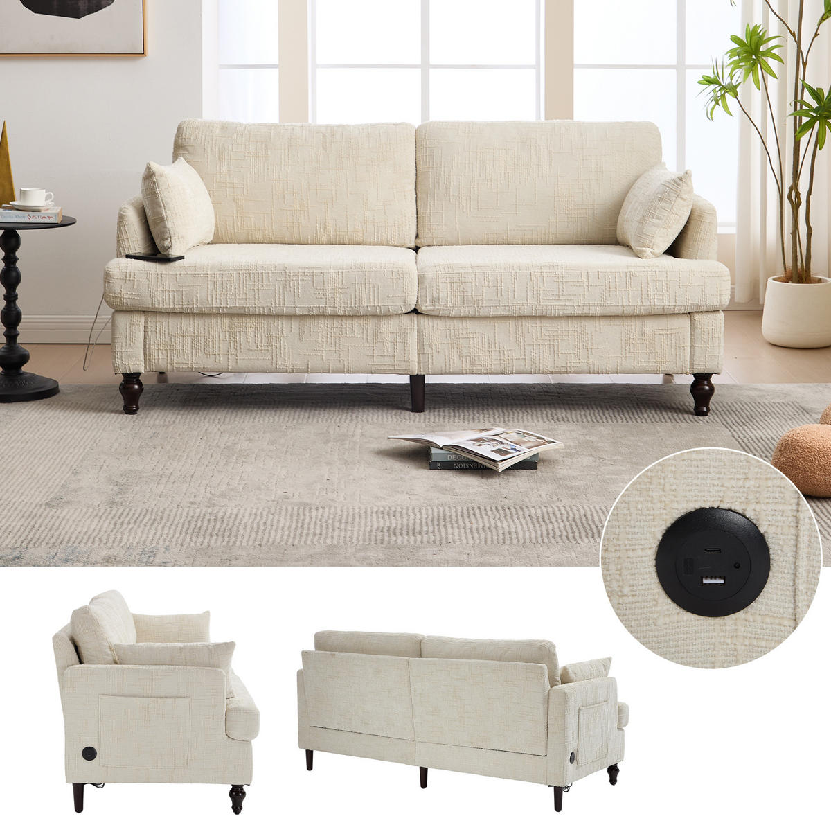 2-SITZER Sofa Chenille mit USB-Anschluss und LED-Licht 175/83/78 cm Beige - Beige, Textil (175/78/83cm) - Redom