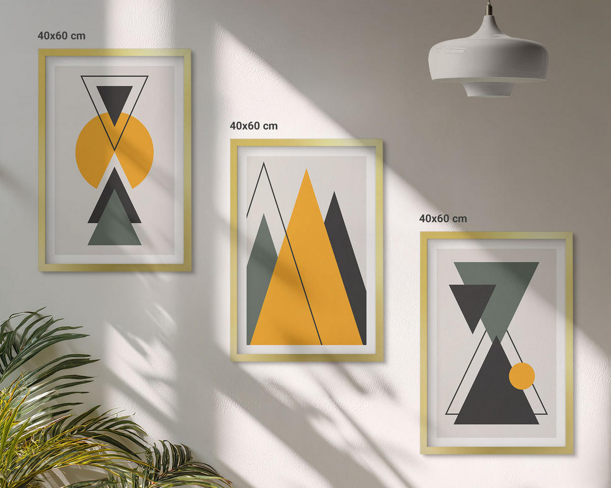 WANDBILDER 3er Set - 40x60 cm Goldrahmen - Abstrakte geometrische Formen - Goldfarben, Kunststoff (40/60cm) - ArtPrintCave