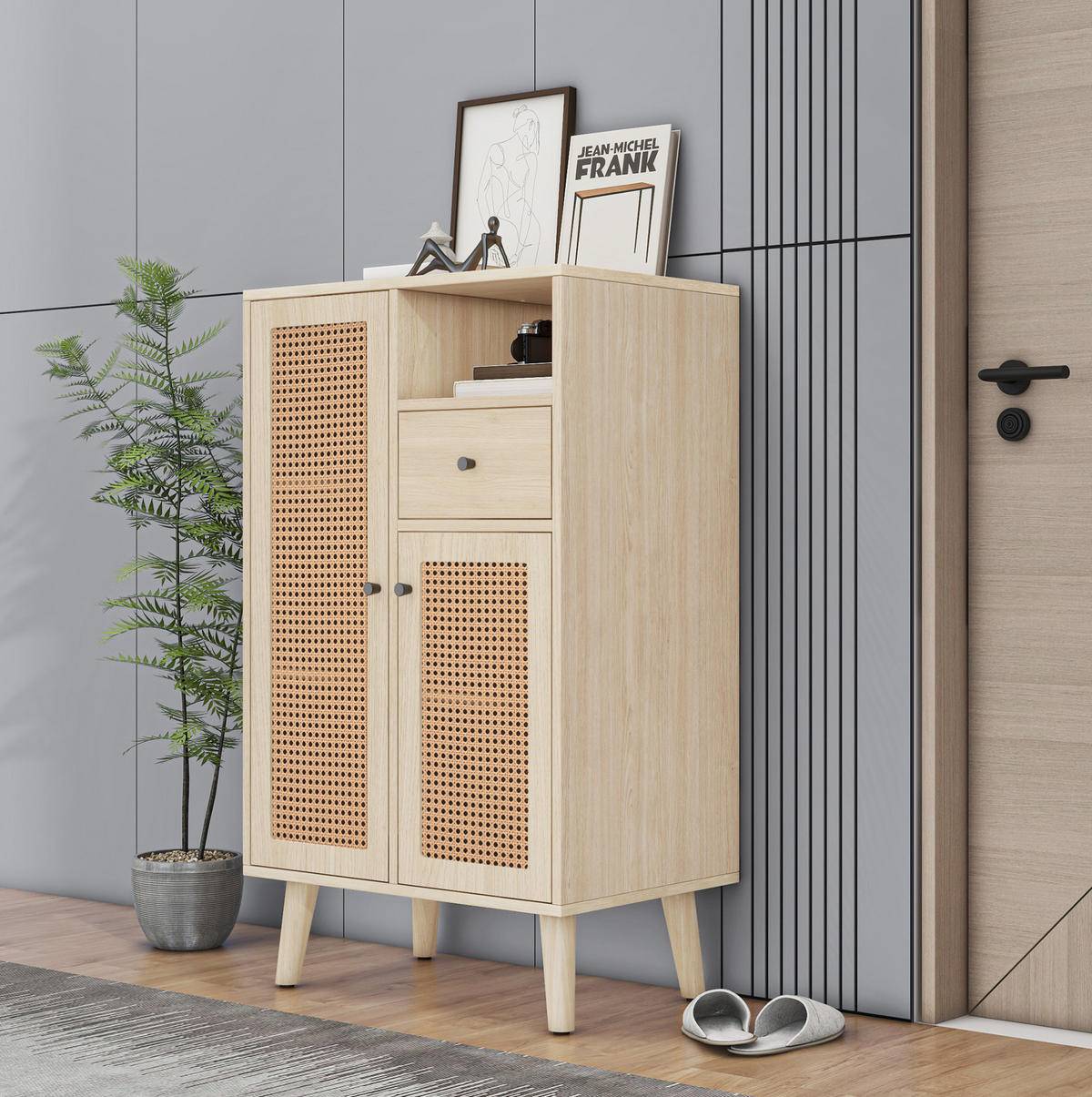 KOMMODE 60/40/101 cm in Eichefarben mit 2 Rattantüren und 1 Schublade - Eichefarben, Holzwerkstoff (60/101/40cm) - Flora Grace