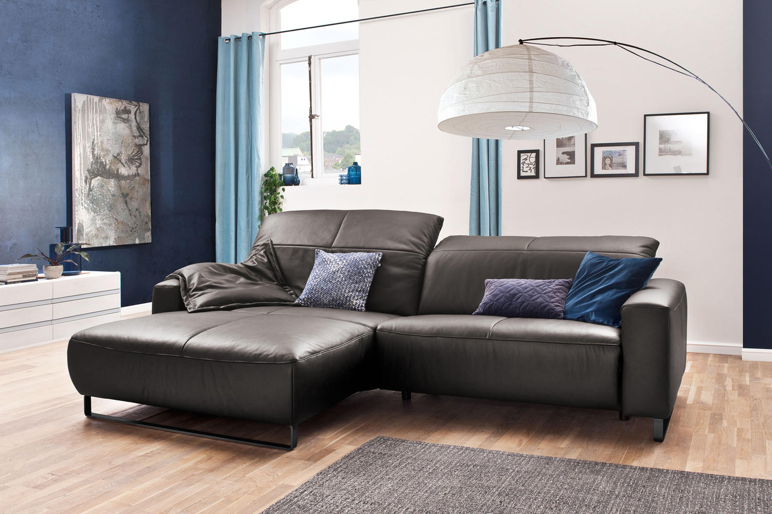 Thumbnail - Kawola Ecksofa, Anthrazit, Schwarz, Leder, Echtholz, 3-Sitzer, Füllung: Komfortschaum, Ottomane links, L-Form, 284x180 c...