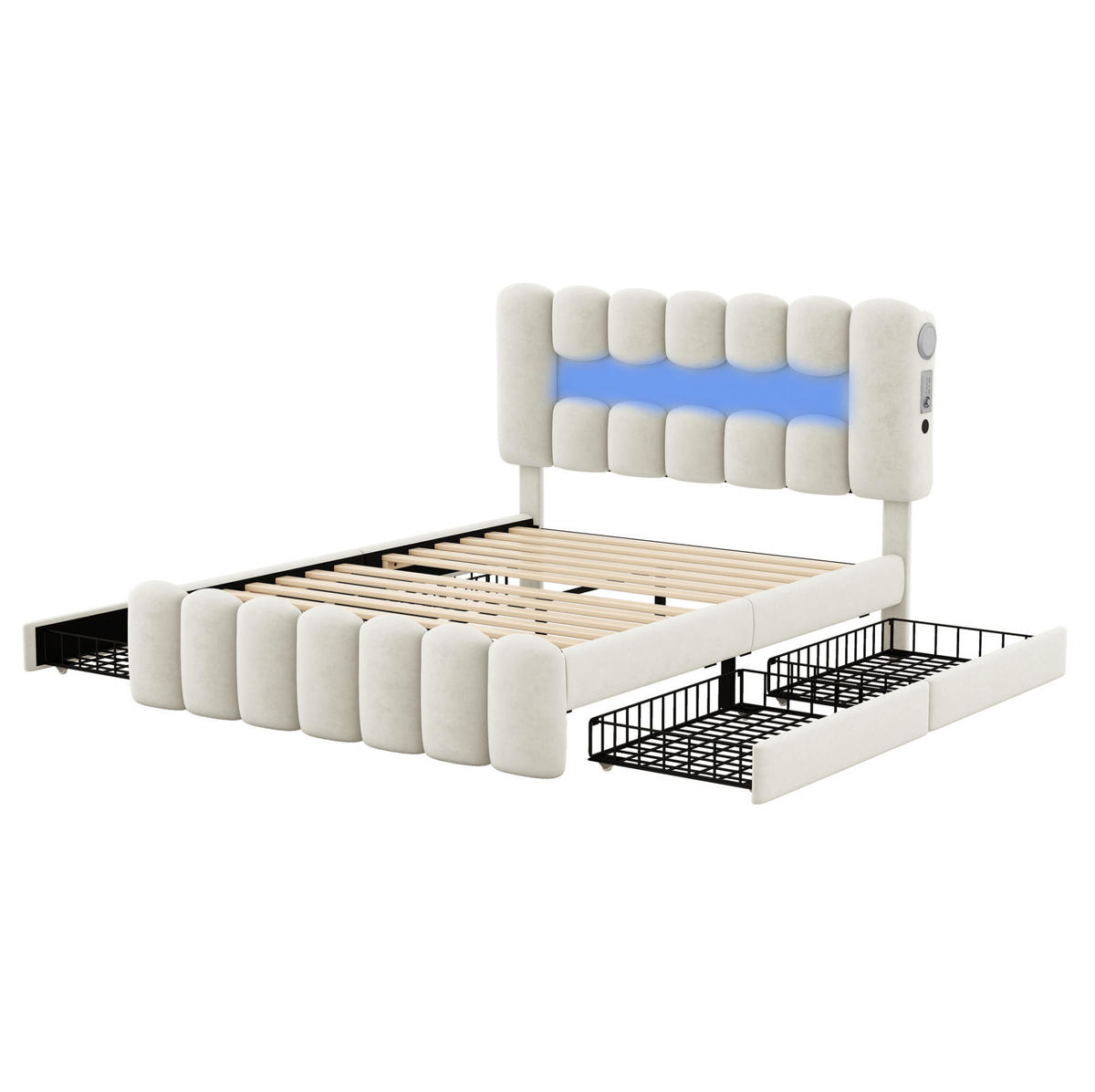 POLSTERBETT mit 4 Schubladen 160x200 cm Samt Beige mit LED, USB und Lautsprechern - Beige, Metall (160/200cm) - Meubliv