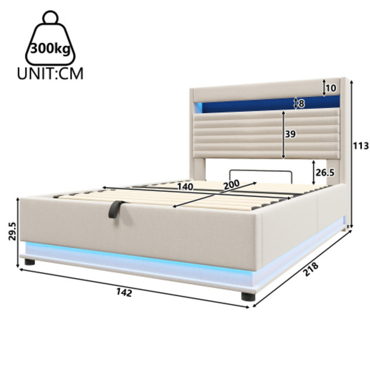 POLSTERBETT beige 218×142×113 cm aus Leinen-Stoff mit Hydraulikbettkasten, zweiseitigen LED-Leisten - Beige, Textil (140/200cm) - Luhomfu