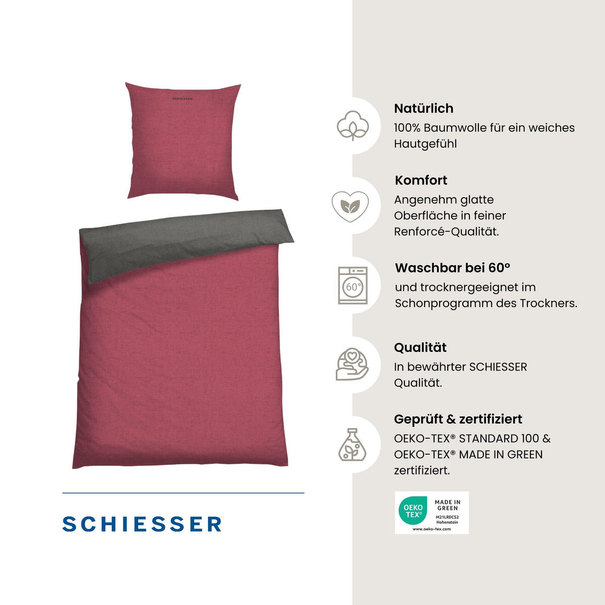 BETTWÄSCHESET Doubleface - Renforcé - 2-teilig - 135 x 200 cm - Rot-Dunkelgrau - Dunkelgrau/Rot, Textil (135/200cm) - SCHIESSER