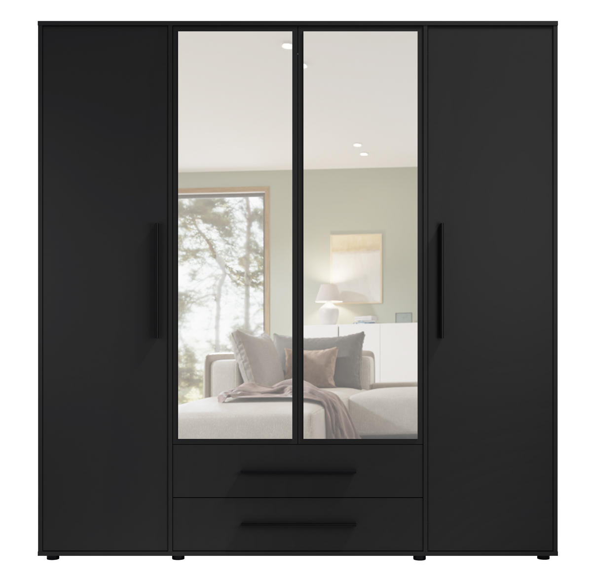 KLEIDERSCHRANK Modena in Schwarz, mit Spiegel, mit Tür, mit Türen und Schubladen - Schwarz, Holzwerkstoff/Kunststoff (200/206/59cm) - Ravio