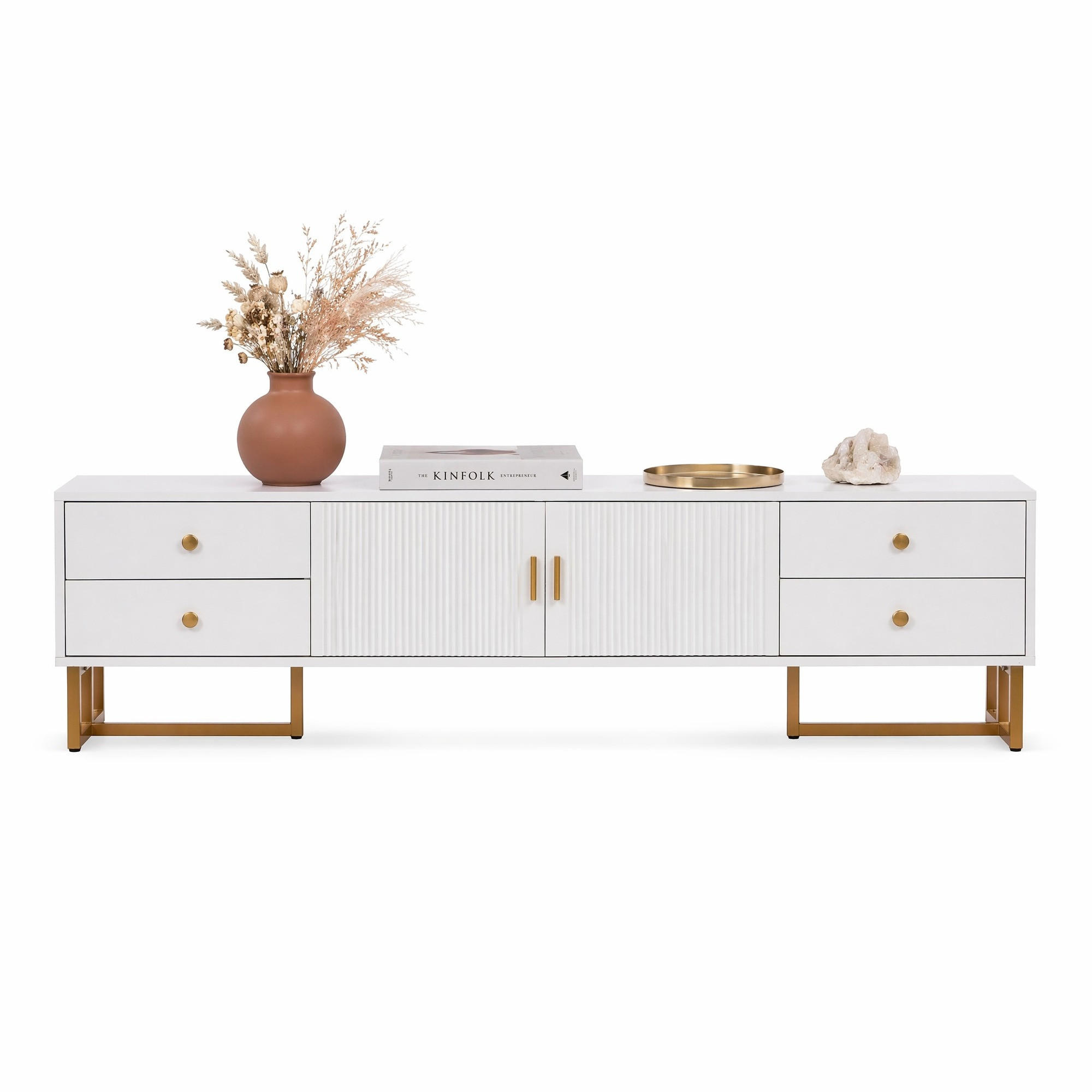LOWBOARD in Weiß TV Schrank mit strukturierter Tür, Schubladen, goldenen Griffen und Füßen, B175/T30/H46cm - Goldfarben/Weiß, Holzwerkstoff/Metall (175/46/30cm) - STILVORA
