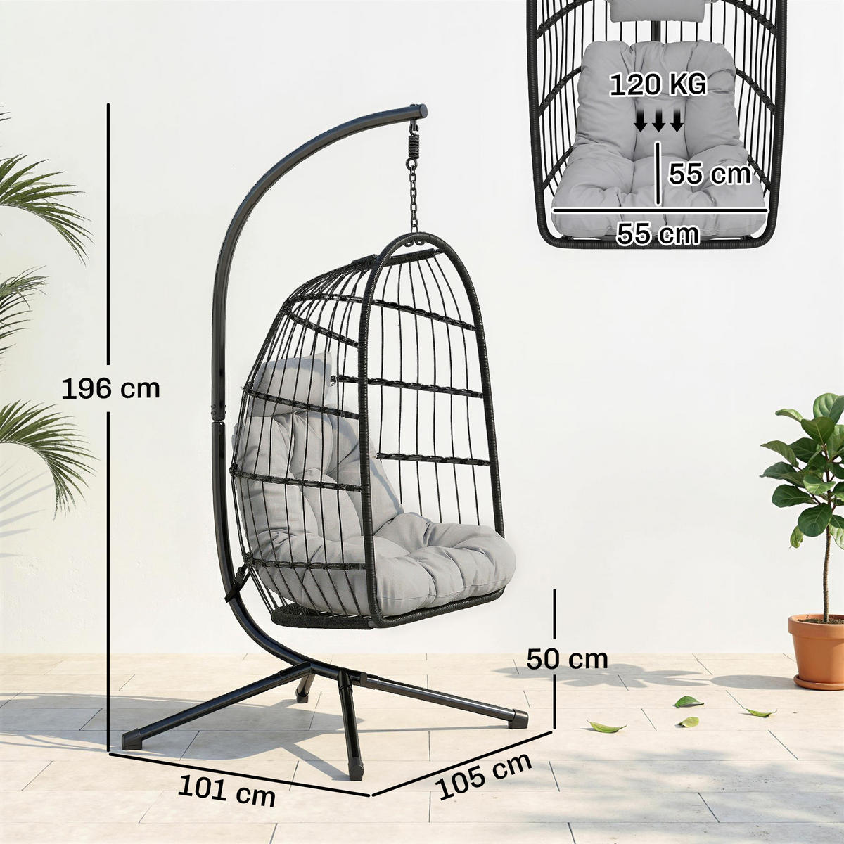 ZÁVĚSNÉ křeslo z kovu a PE ratanu, světle šedé - černá/světle šedá, kov/textil (101/196/105cm) - Outsunny