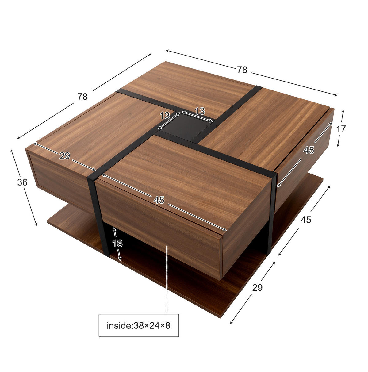 COUCHTISCH, mit 4 Schubladen, Spanplatte, untere Ablage, 78/78/36 cm, Walnussfarben - Walnussfarben, Holzwerkstoff (78/78/36cm) - Redom