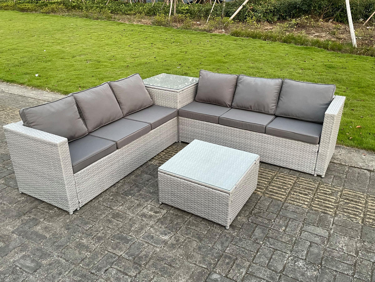 GARTENMÖBEL SET mit Couchtisch Polyrattan Helles Grau 6-Sitzer - Hellgrau, Metall - Fimous