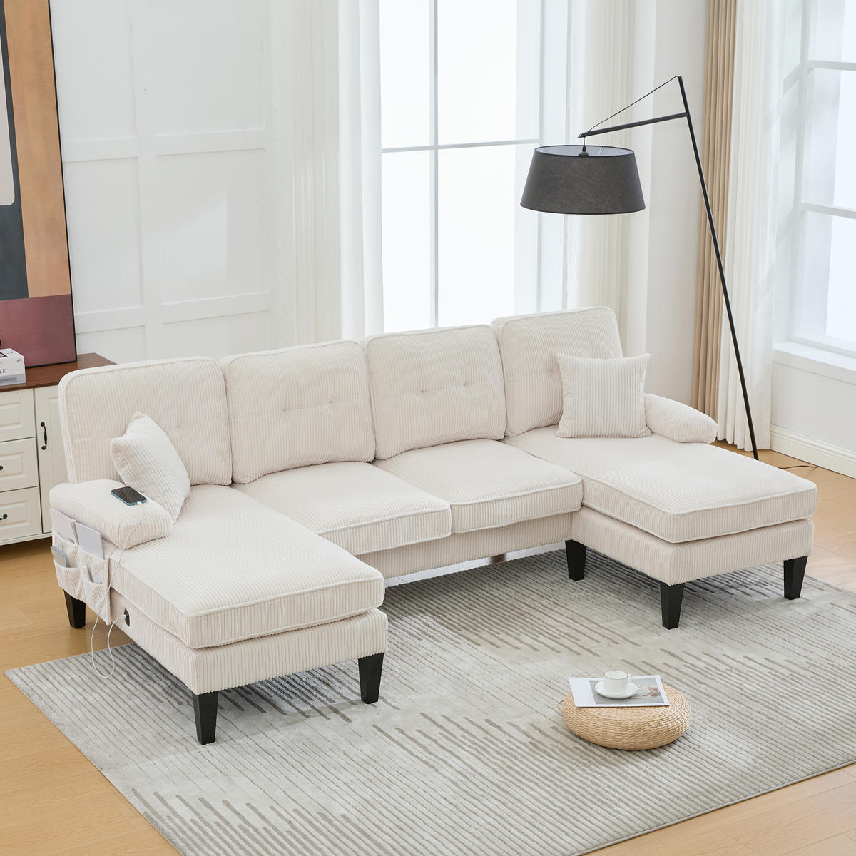 WOHNLANDSCHAFT 250/130/88 cm Beige Leinen mit Aufbewahrungsfach und USB/Type-C-Ladeanschluss - Beige, Textil (250/88/130cm) - Oxeza