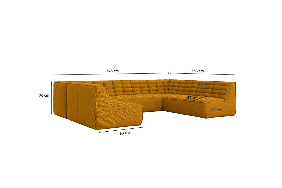ROHOVÁ SEDAČKA U XL modulární ve tvaru U, plyšová tkanina Pop, Hořčicová, LAZY U XL - žlutá, dřevo (346/76/253cm) - Kaiser Möbel