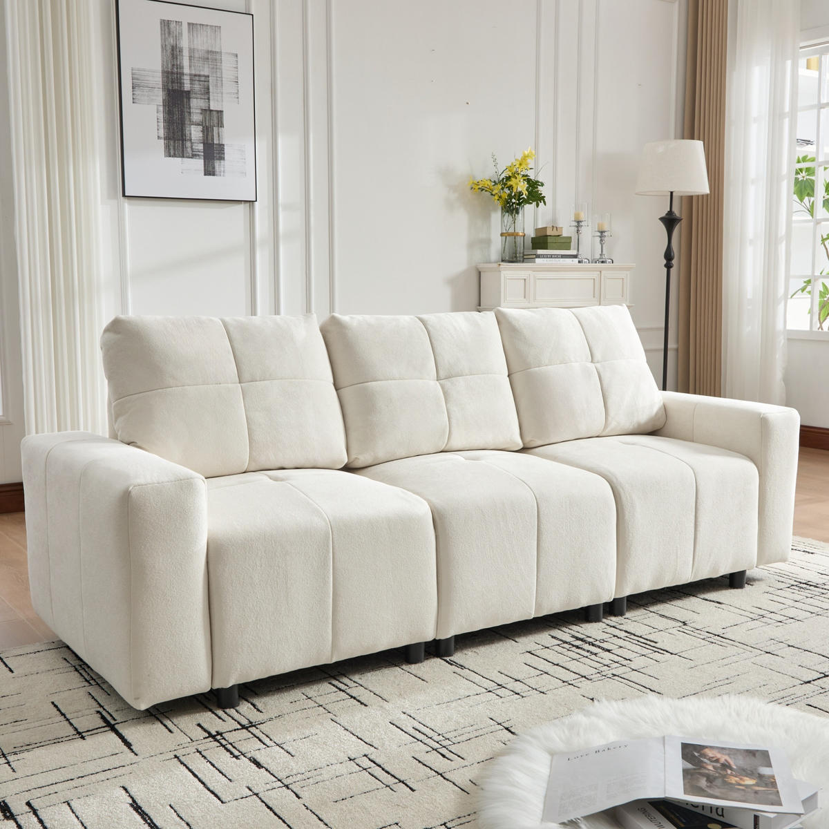 SOFA mit Schlaffunktion 213 cm Chenille Beige White 3-Sitzer - Beige, Kunststoff (213/84/94cm) - Meubliv