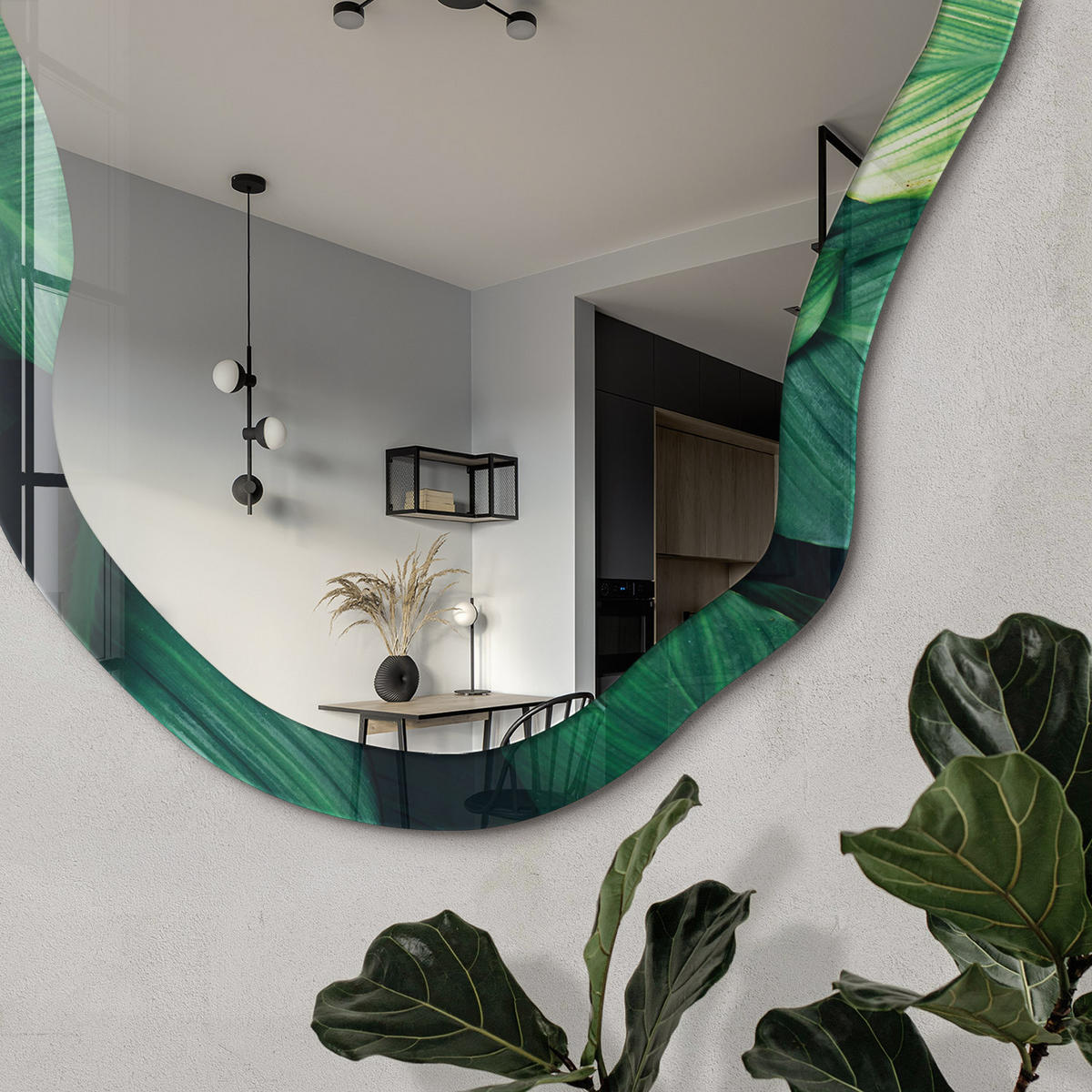 SPIEGEL 90x45 cm asymmetrisch mit Druck - Grüne Blätter - Transparent, Glas (45/90/0.4cm) - TULUP