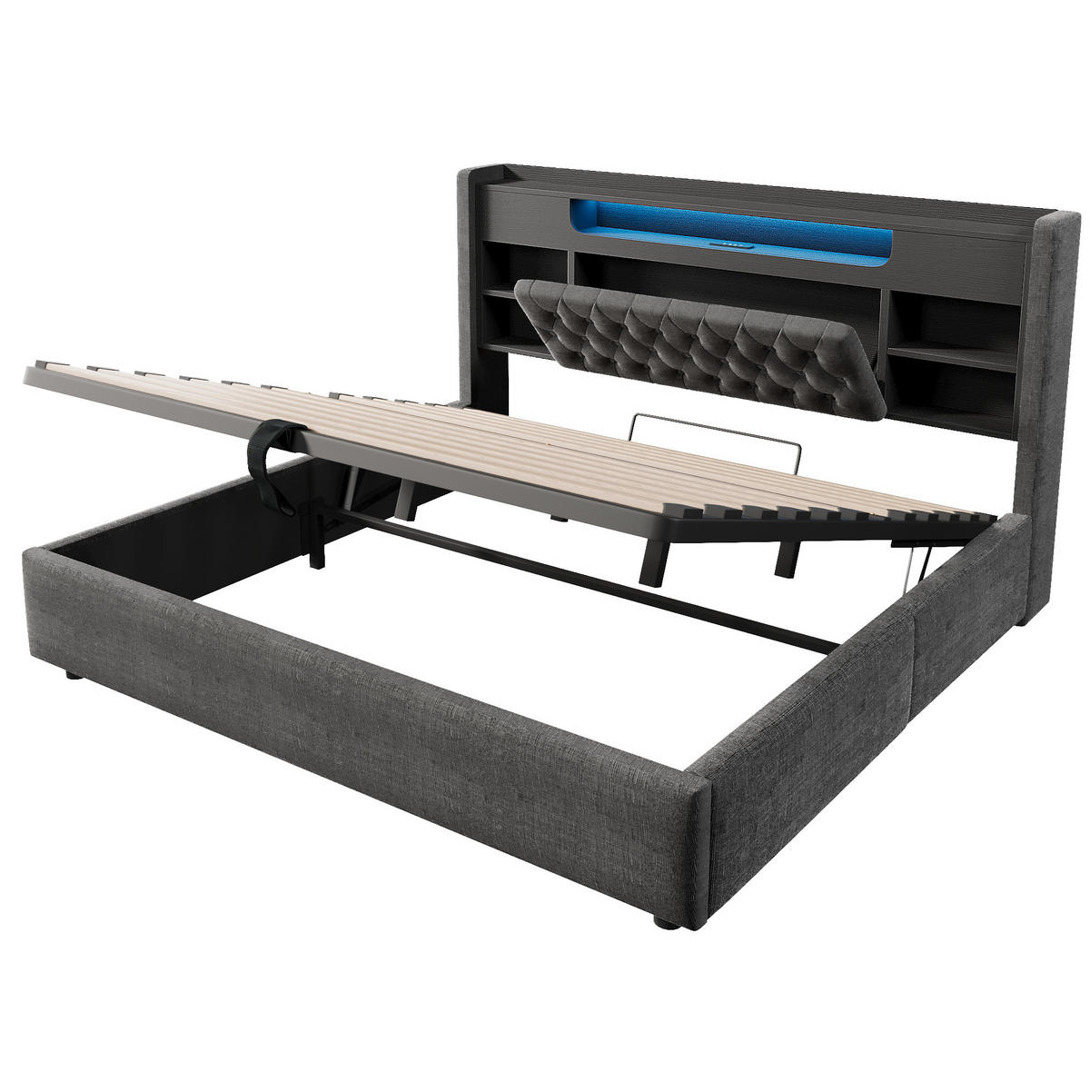 ČALOUNĚNÁ postel 180/200 cm s LED osvětlením, USB-C a hydraulickým úložným prostorem, šedá - šedá, textil (180/200cm) - Redom
