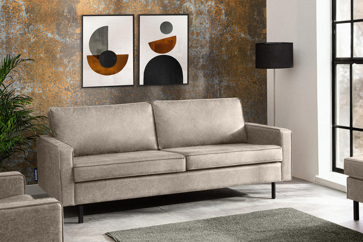 3-SITZER-SOFA INVIA Klassische-Stil mit Armlehnen, Lederoptik-Stoff, hellgrau - Hellgrau/Schwarz, Textil (209/87/98cm) - KONSIMO®