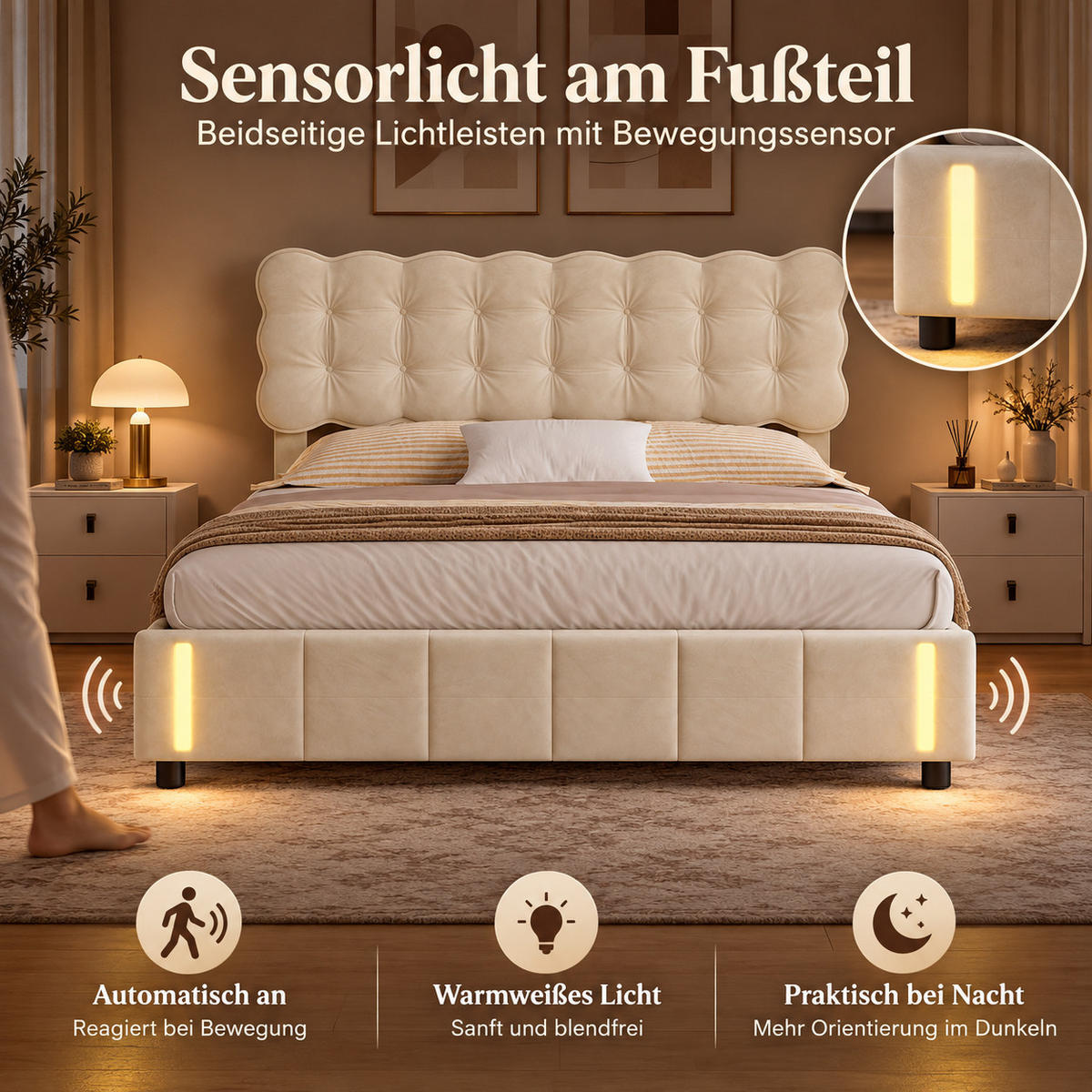 POLSTERBETT 160/200 cm mit LED,Doppelbett Modern Bettgestell Samt Beige - Beige, Holz (160/200cm) - PARAFTA HOME