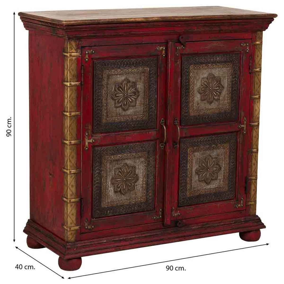 HANDGEFERTIGTES Sideboard aus geschnitztem Holz 90x40x90 cm - Rot, Holz (90/90/40cm) - Wanderlust