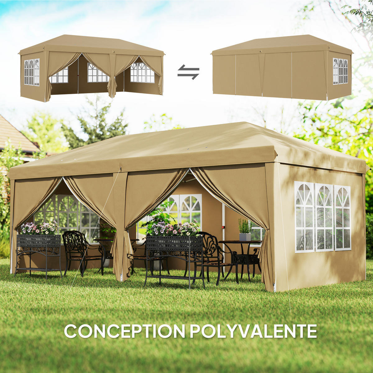 PAVILLON DE-14027 6/3 m, wasserdicht, 4 Seitenwände Khaki - Mokka, Textil (295/270/585cm) - ComfortXL
