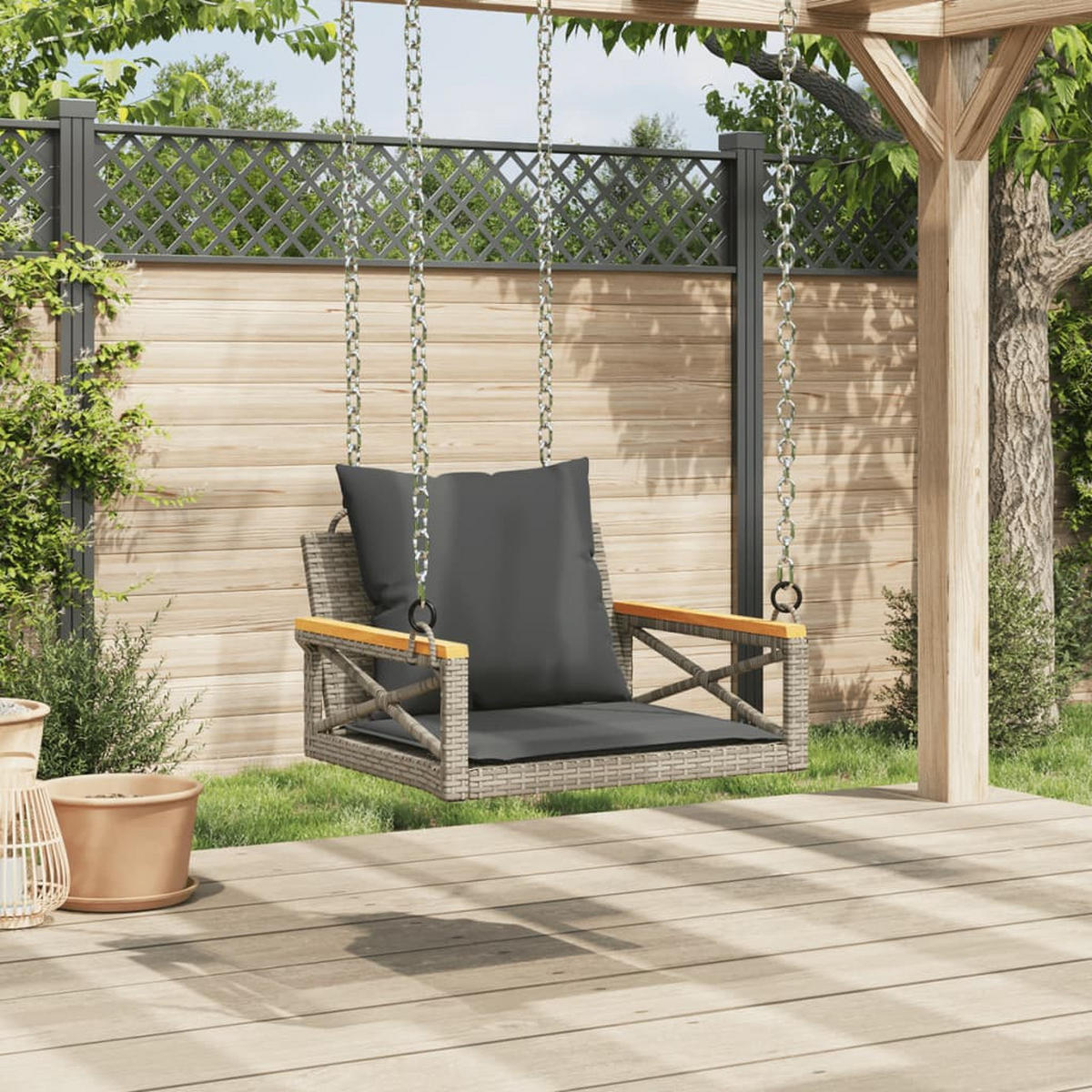 HÄNGESESSEL mit Kissen Grau 63x62x40 cm Poly Rattan - Grau, Holz (63/40/62cm) - furnicato