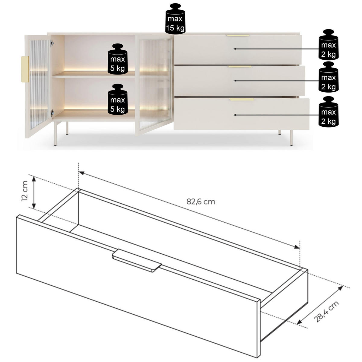 SIDEBOARD Lumi 2-türig mit Glasfronten Kaschmirgrau 181 cm - Taupe/Goldfarben, Holzwerkstoff/Metall (181.3/82.6/39.3cm) - Selsey