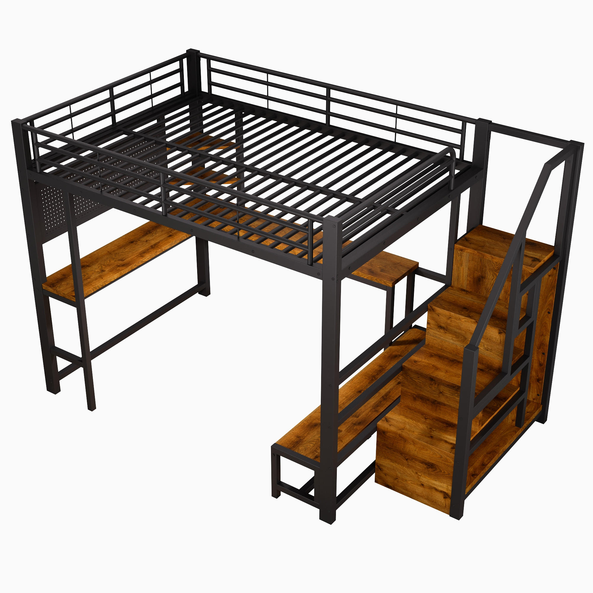 HOCHBETT 140/200 cm Schwarz mit Schreibtisch, trapezförmiger Schrank und LED-Beleuchtung - Schwarz, Metall (140/200cm) - Oxeza