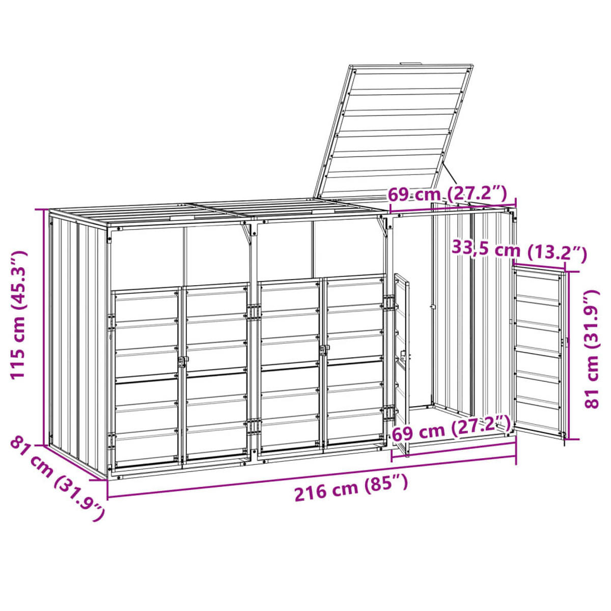 MÜLLTONNENBOX für 3 Tonnen, 216/81/115 cm, aus Stahl, Braun - Braun, Metall (81/115/216cm) - vidaXL
