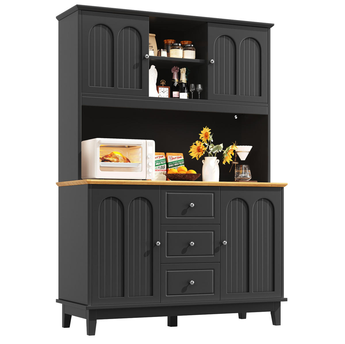 HOCHSCHRANK aus MDF in Holzoptik mit App-LED, 4 Türen und 3 Schubladen, 120/40/180 cm, Holzoptik，Schwarz - Schwarz, Holzwerkstoff (120/180/40cm) - Redom