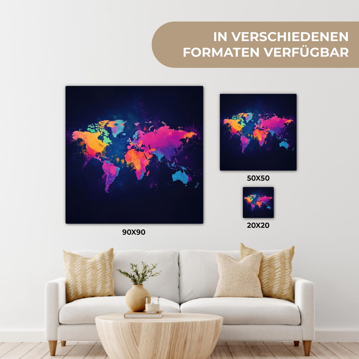 LEINWANDBILD Weltkarte - Bunt - Graffiti 20x20 cm - Multicolor, Textil (20/20cm) - MuchoWow