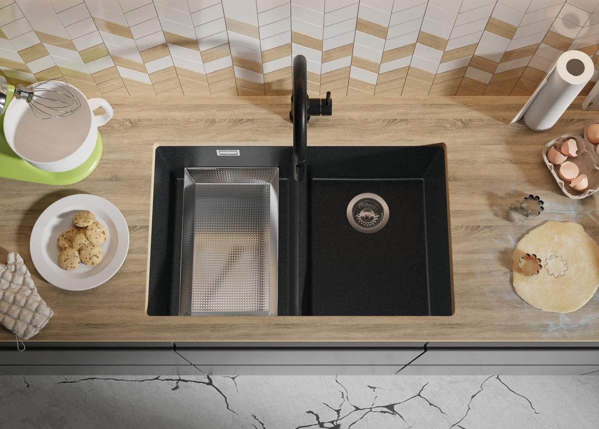 UNTERBAUSPÜLE GRANIT London Twin, 2-er set Anthrazit 76/47 cm 2 Becken + Ablauf-Set ab 80er Unterschrank - Chromfarben/Anthrazit, Kunststoff (76/20/47cm) - Primagran