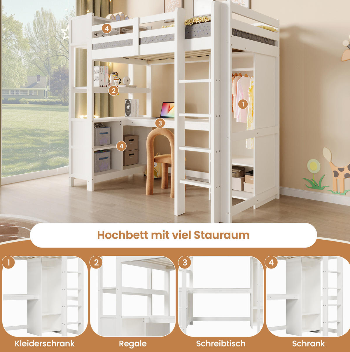HOCHBETT 90/200 cm mit Schreibtisch, Regalen und Kleiderschrank, aus Kiefernholz und MDF, Weiß/Natur - Weiß, Holzwerkstoff (90/200cm) - Redom