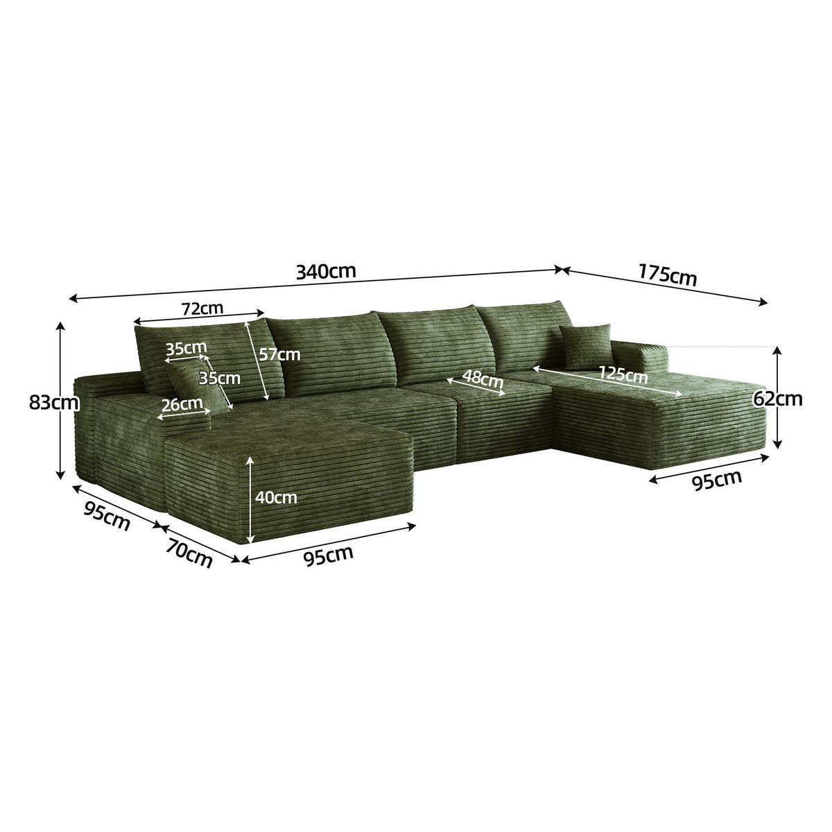 WOHNLANDSCHAFT DE-34857 U-Form 3-Sitzer Chaiselongue rechts Grün - Grün, Textil (175/83/270cm) - ComfortXL