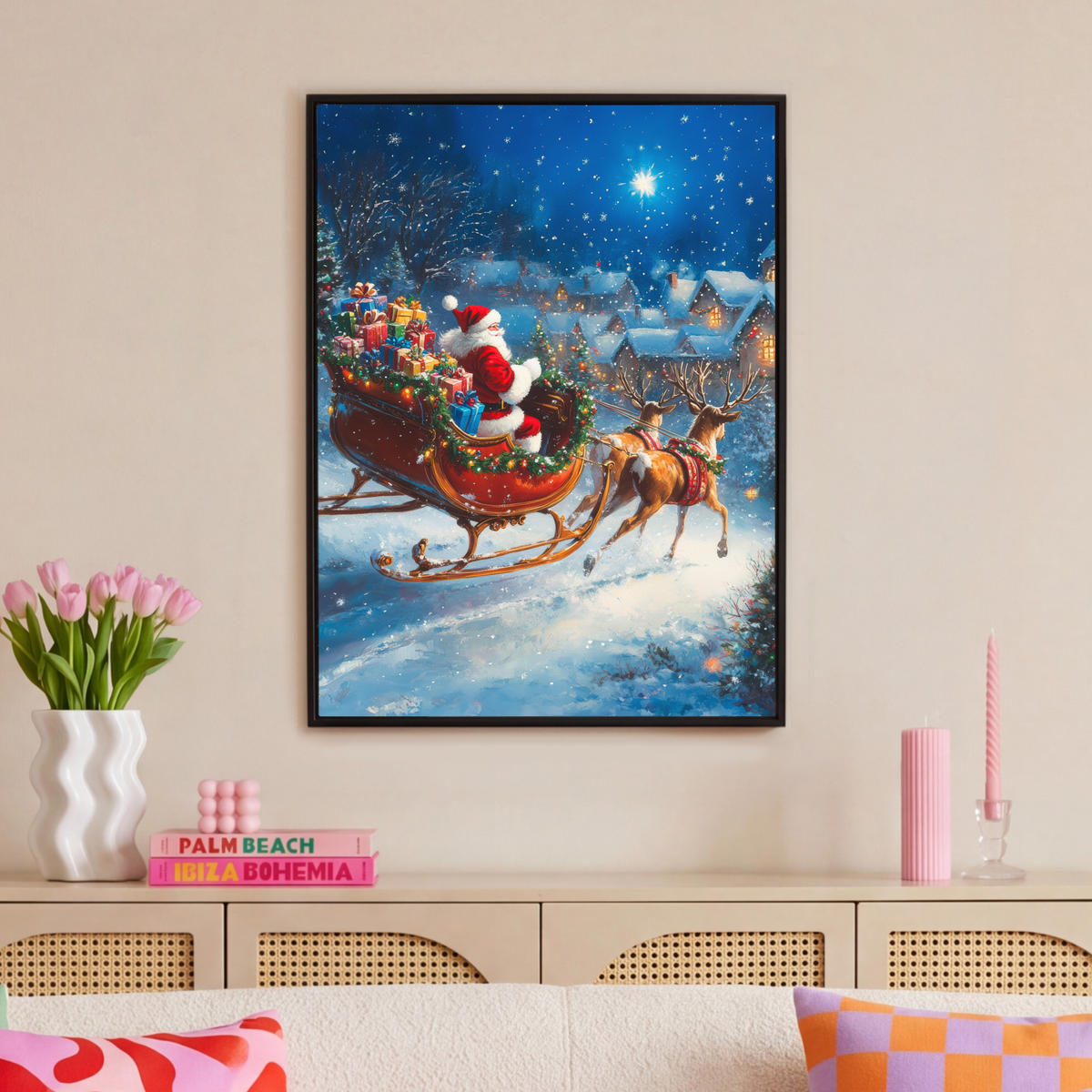 LEINWAND Bilder mit Rahmen - Weihnachtsmann - Rentier - Weihnachten - Schnee - 70x100 - Cognac, Textil (70/100cm) - MuchoWow