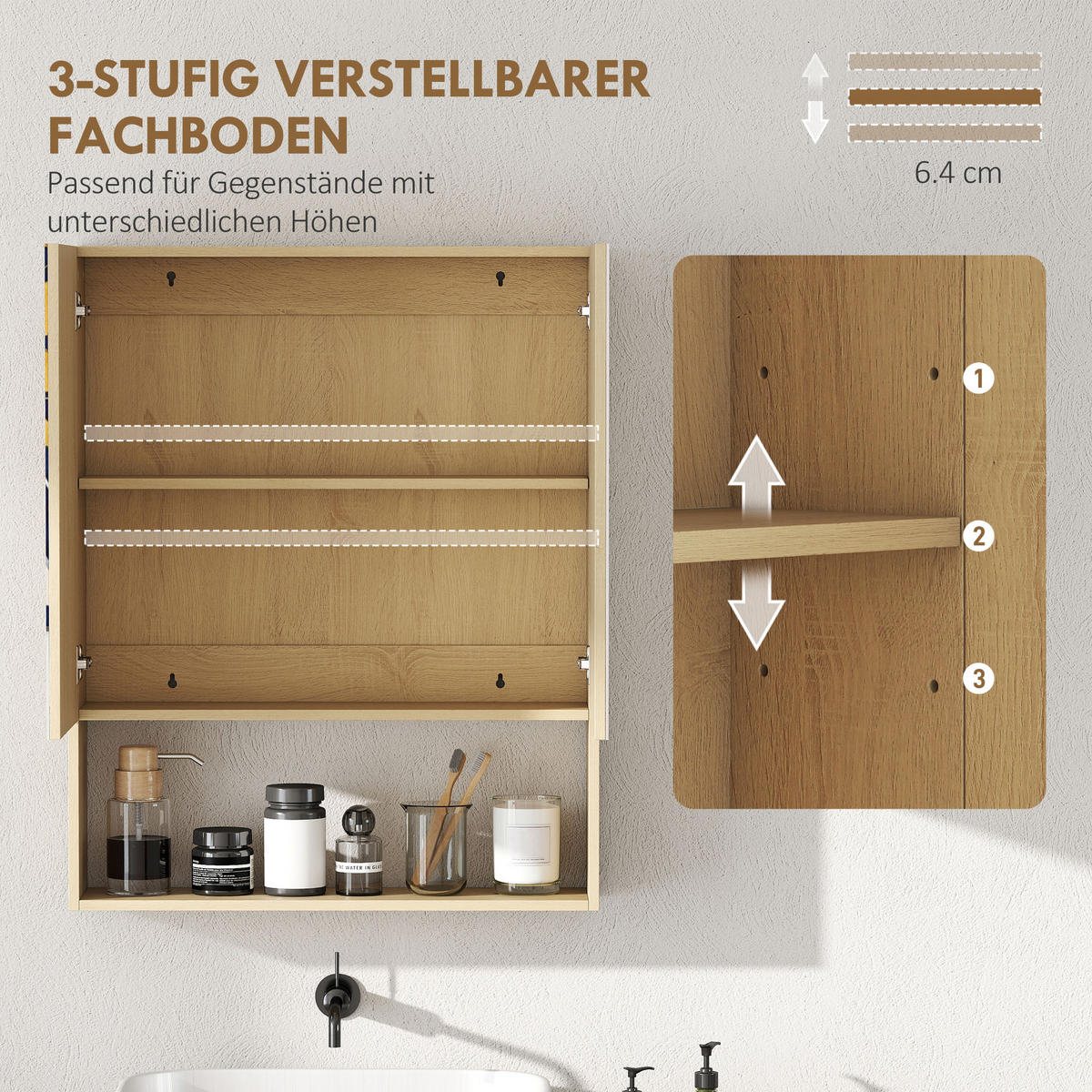 SPIEGELSCHRANK Bad, Badezimmerschrank mit Spiegel Soft-Close, Badschrank Eiche - Eichefarben, Glas/Holzwerkstoff (16.6/75/60cm) - HOMCOM