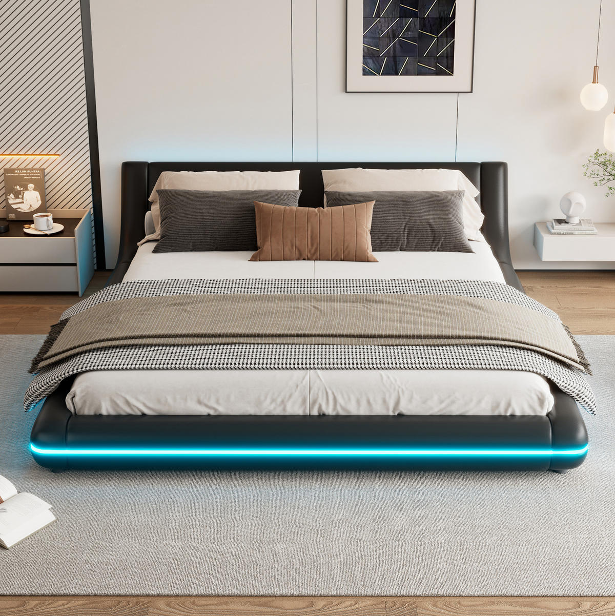 BETT 160/200 cm aus PU in Schwarz mit LED-Beleuchtung - Schwarz, Kunststoff (160/200cm) - Flora Grace