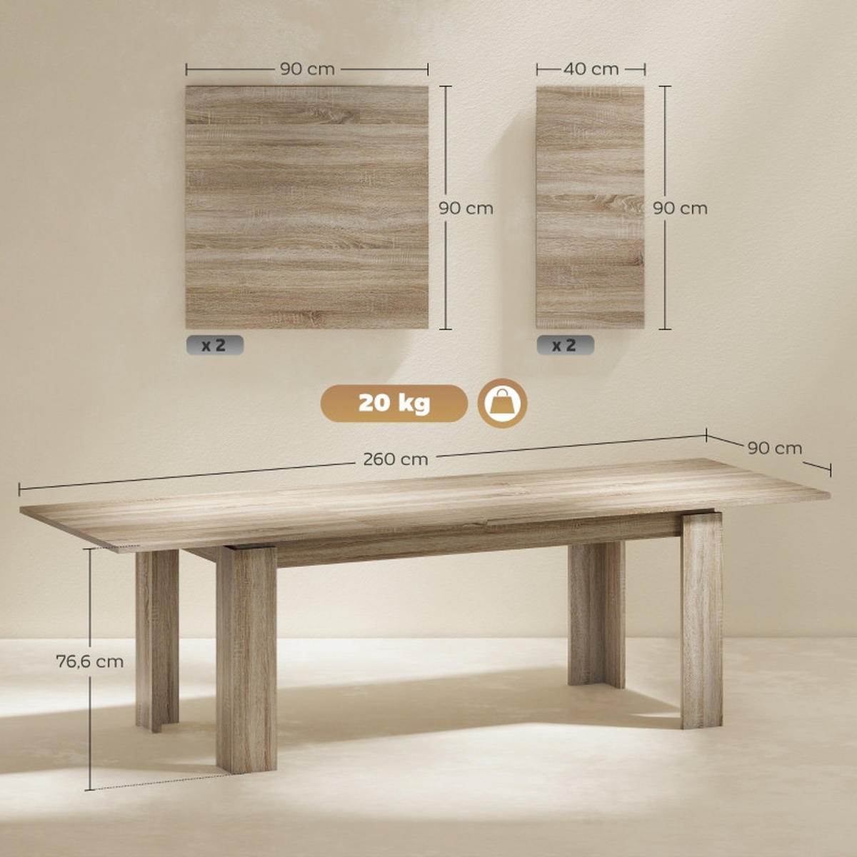ESSTISCH 180-260/90/76,6 cm Eiche mit Schmetterlingsauszug aus Holzwerkstoff - Eichefarben, Holz (260/90/76.6cm) - OKWISH