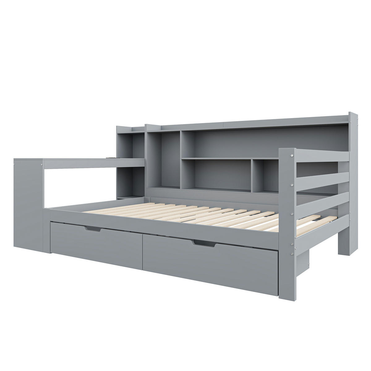 BETT aus 90x200 cm Grau mit Schreibtisch, Regalen, USB-Anschluss und 2 Schubladen - Grau, Holzwerkstoff (90/200cm) - Modfu
