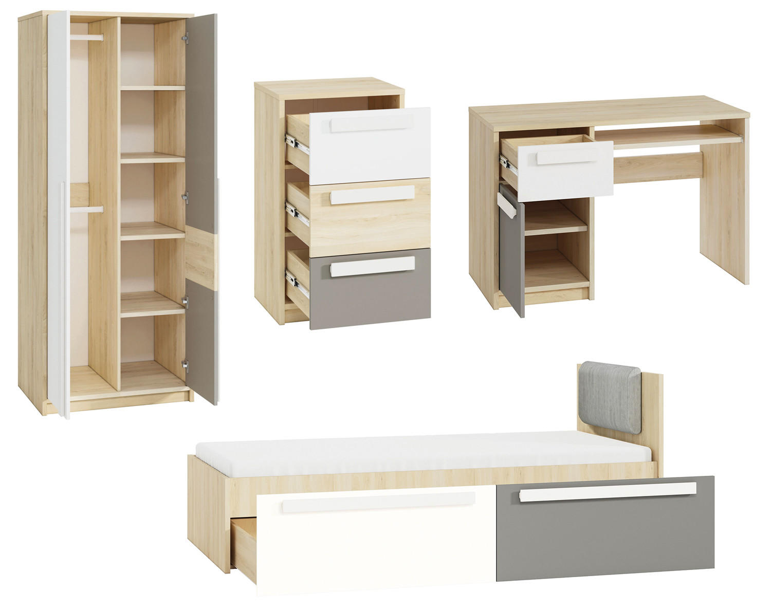 KINDERZIMMER-SET Drop 5-teilig Fjord Buche / Weiß / Grau 443 / 205 / 199cm - Multicolor/Weiß, Holz/Holzwerkstoff (443/199/205cm) - Feldmann-Wohnen