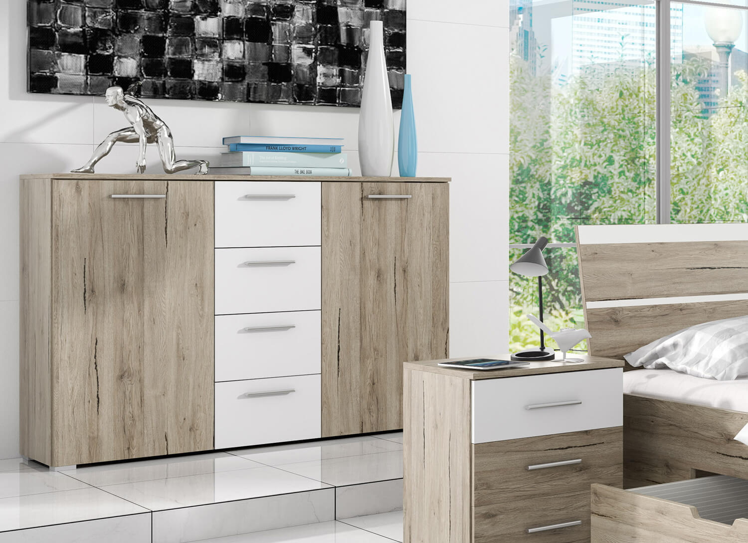 KOMMODE Bilbao Eiche Sanremo / Weiß 132 / 38 / 94 cm - Eichefarben/Braun, Holz/Holzwerkstoff (132/94/38cm) - Feldmann-Wohnen