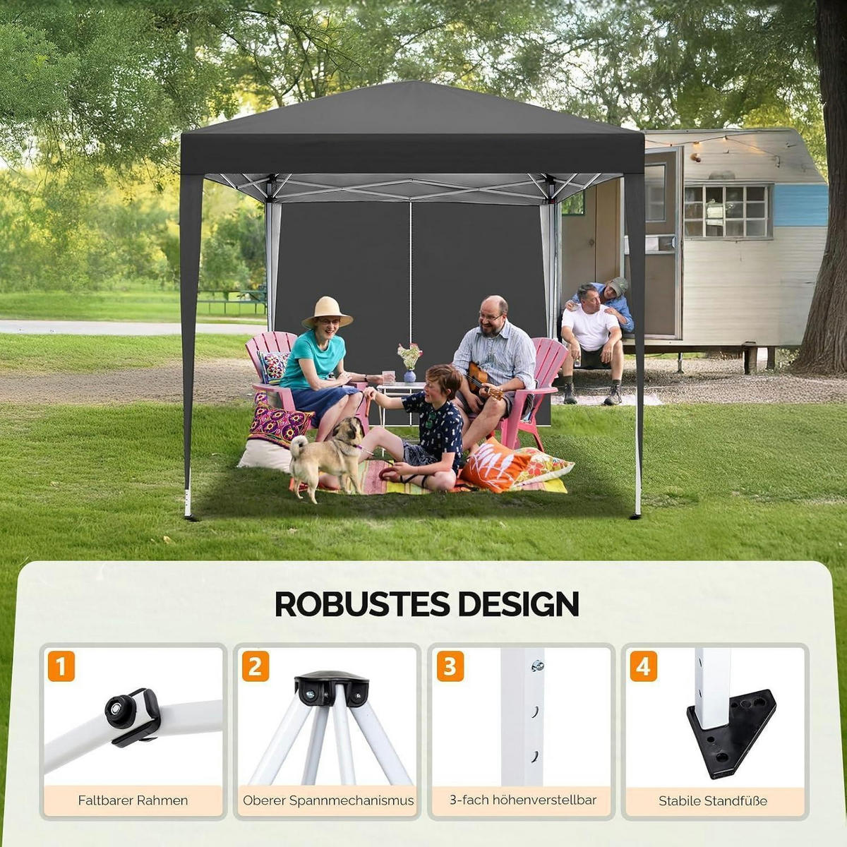 FALTPAVILLON 2 x 2 m Grau mit 4 Seitenteilen - Schwarz, Metall (200/245/200cm)