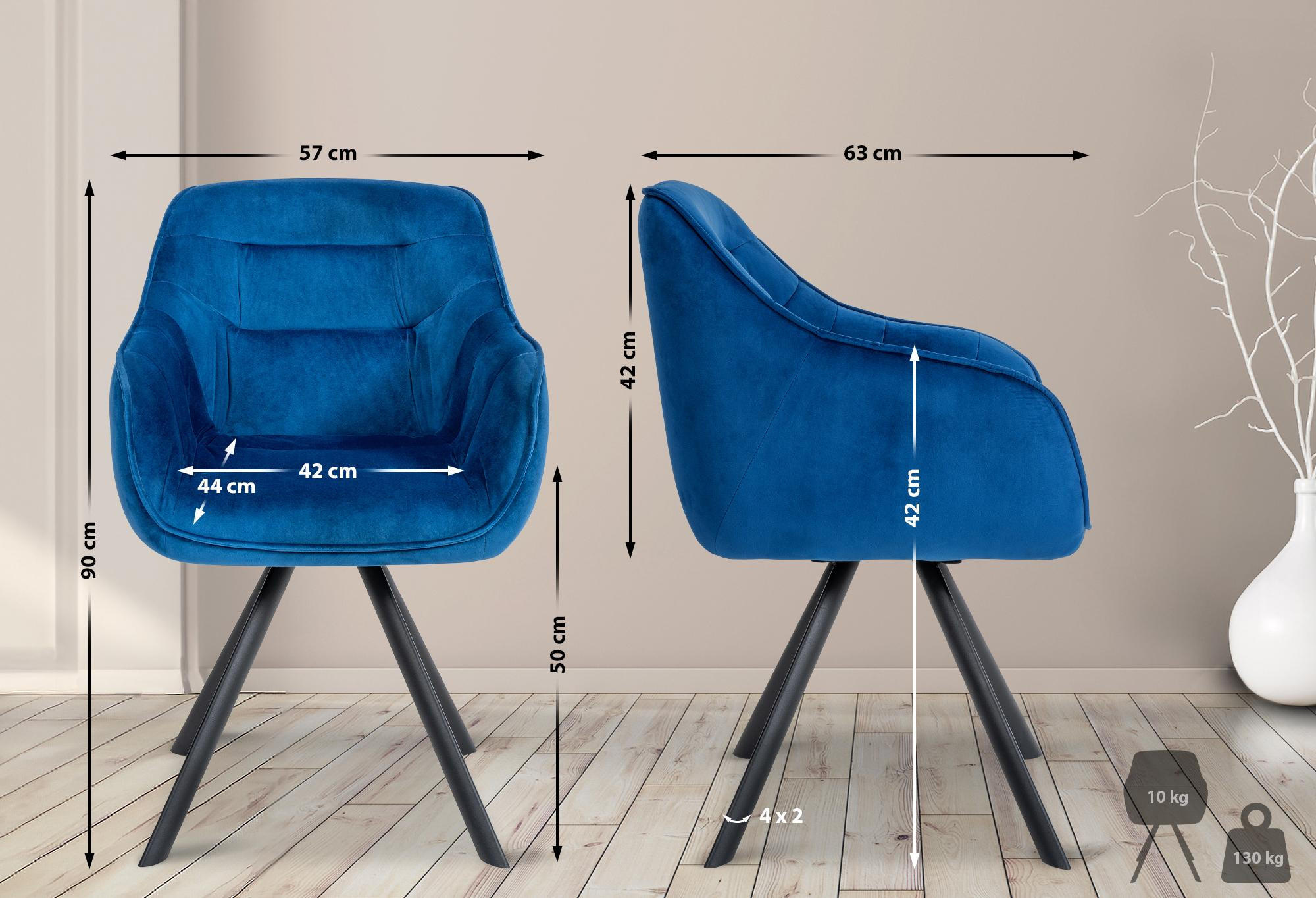 ARMLEHNENSTUHL Samt blau - Blau/Schwarz, Textil/Metall (57/90/63cm) - CLP