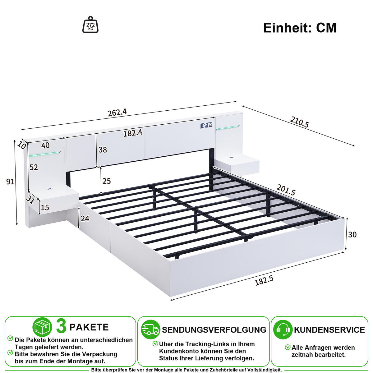 BETT 180/200 cm in Weiß mit LED, USB-C und Bluetooth - Weiß, Holz/Holzwerkstoff (180/200cm) - CHICFURN
