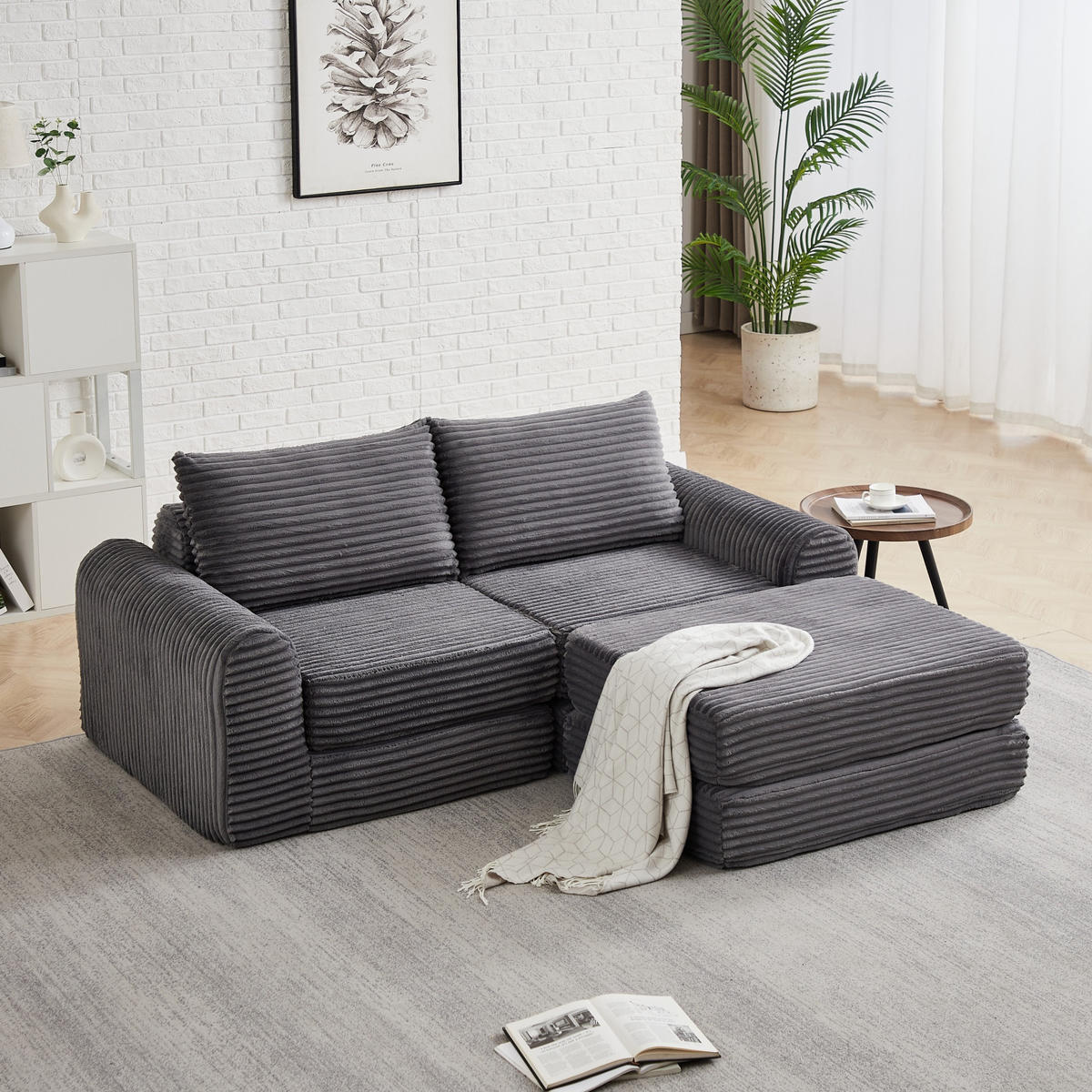 SCHLAFSOFA, Cord mit modularem Aufbau & abnehmbarer Fußstütze, 243/194/53 cm, Grau - Grau, Textil (243/53/194cm) - Redom
