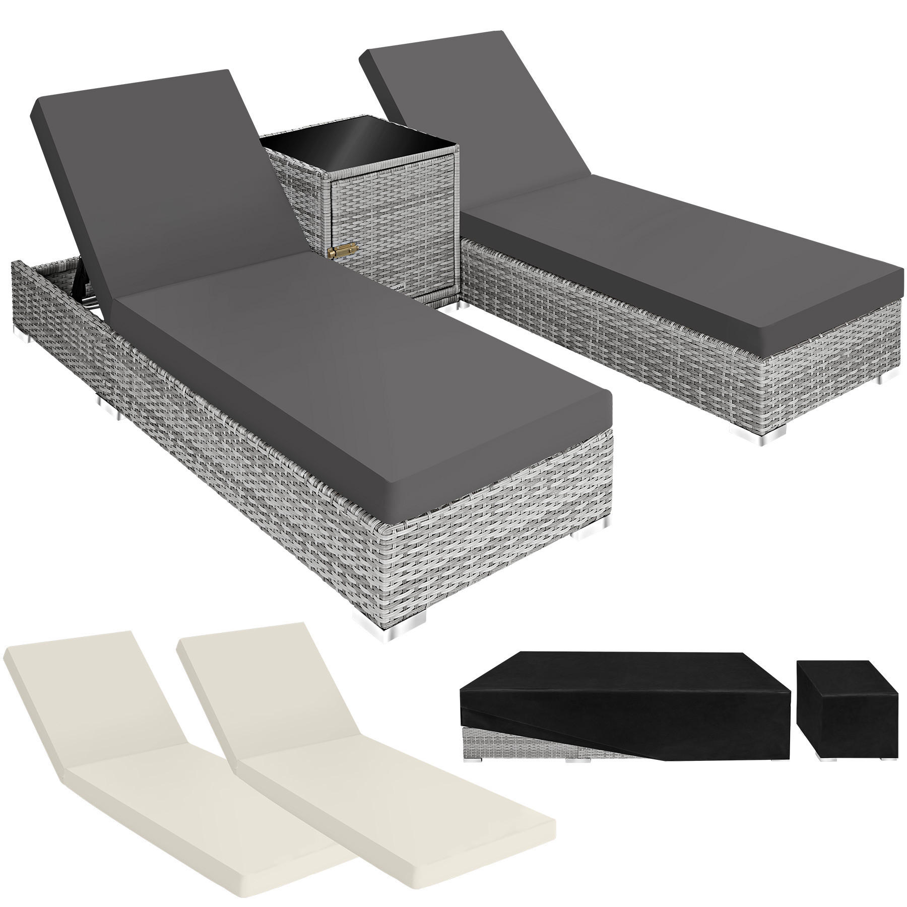 RATTAN-SONNENLIEGEN 2er Set ,wetterfest und UV-beständig,hellgrau - Hellgrau, Kunststoff (60/21/184cm) - tectake