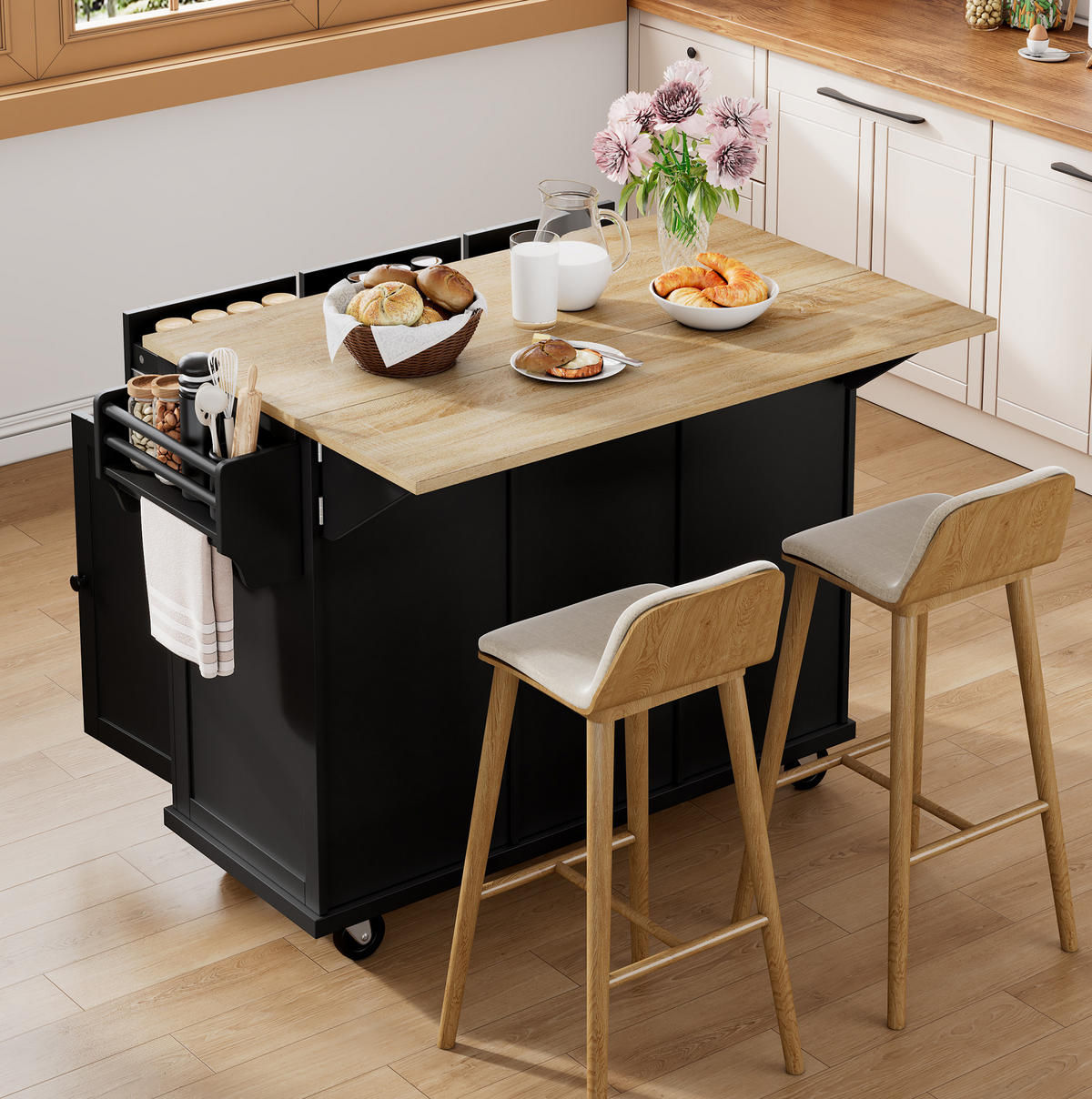 KÜCHENINSEL 112/46,2-76,2/92,7 cm schwarz natur mit ausziehbarer Klappplatte - Schwarz, Holzwerkstoff (112/92.7/76.2cm) - OKWISH