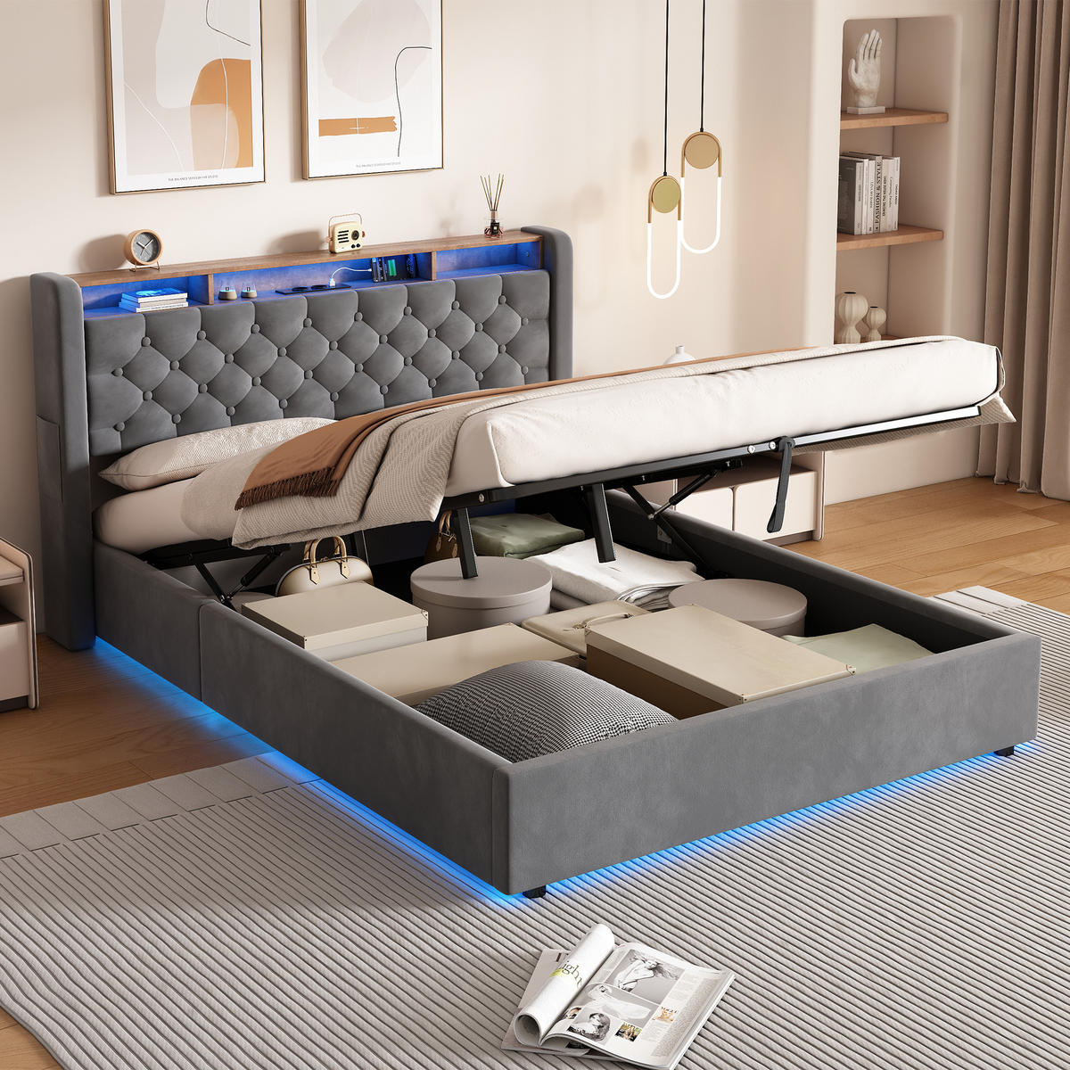 POLSTERBETT 140/200 cm mit hydraulischem Bettkasten, Schubladen, Klappbares Kopfteil, LED-Beleuchtung, Grau - Grau, Textil (140/200cm) - Redom