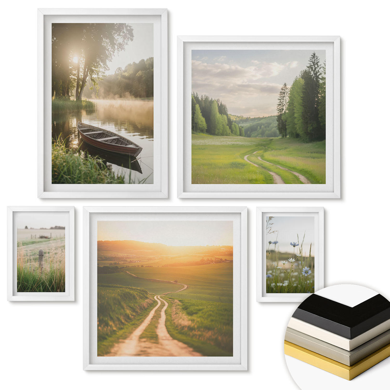 WANDBILDER 5er-Set - 50x50 cm & 20x30 cm & 40x60 cm Weißer Rahmen - Landschaftswiesenstraße West - Weiß, Kunststoff (40/60cm) - ArtPrintCave