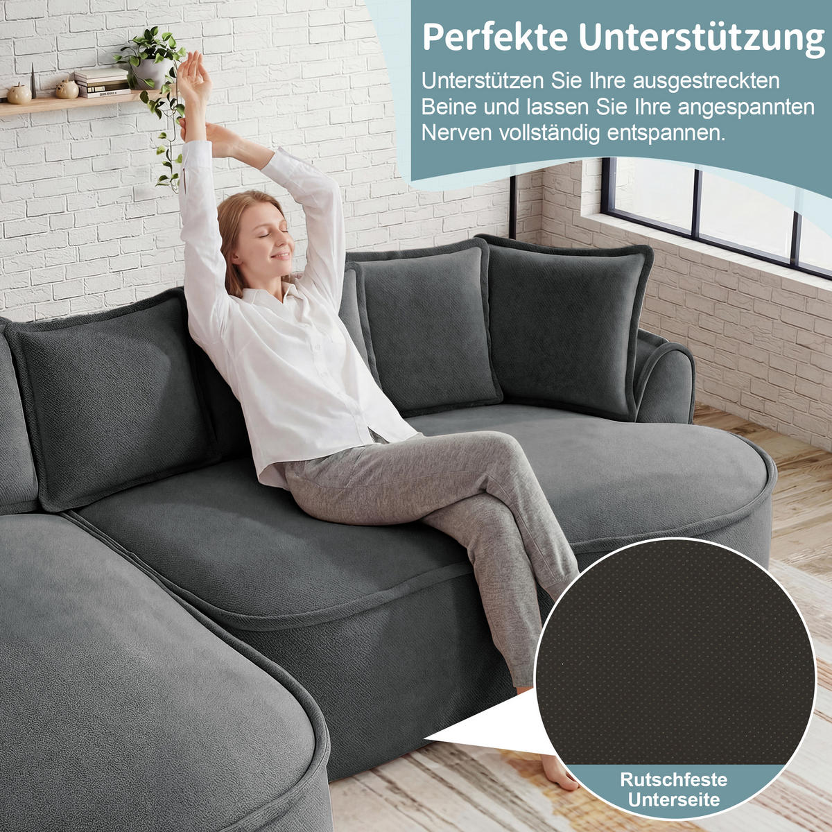 3-SITZER Sofa 252x164x67 cm aus Chenille-Stoff rahmenlos ohne Montage, grau - Grau, Textil (164/67/252cm)