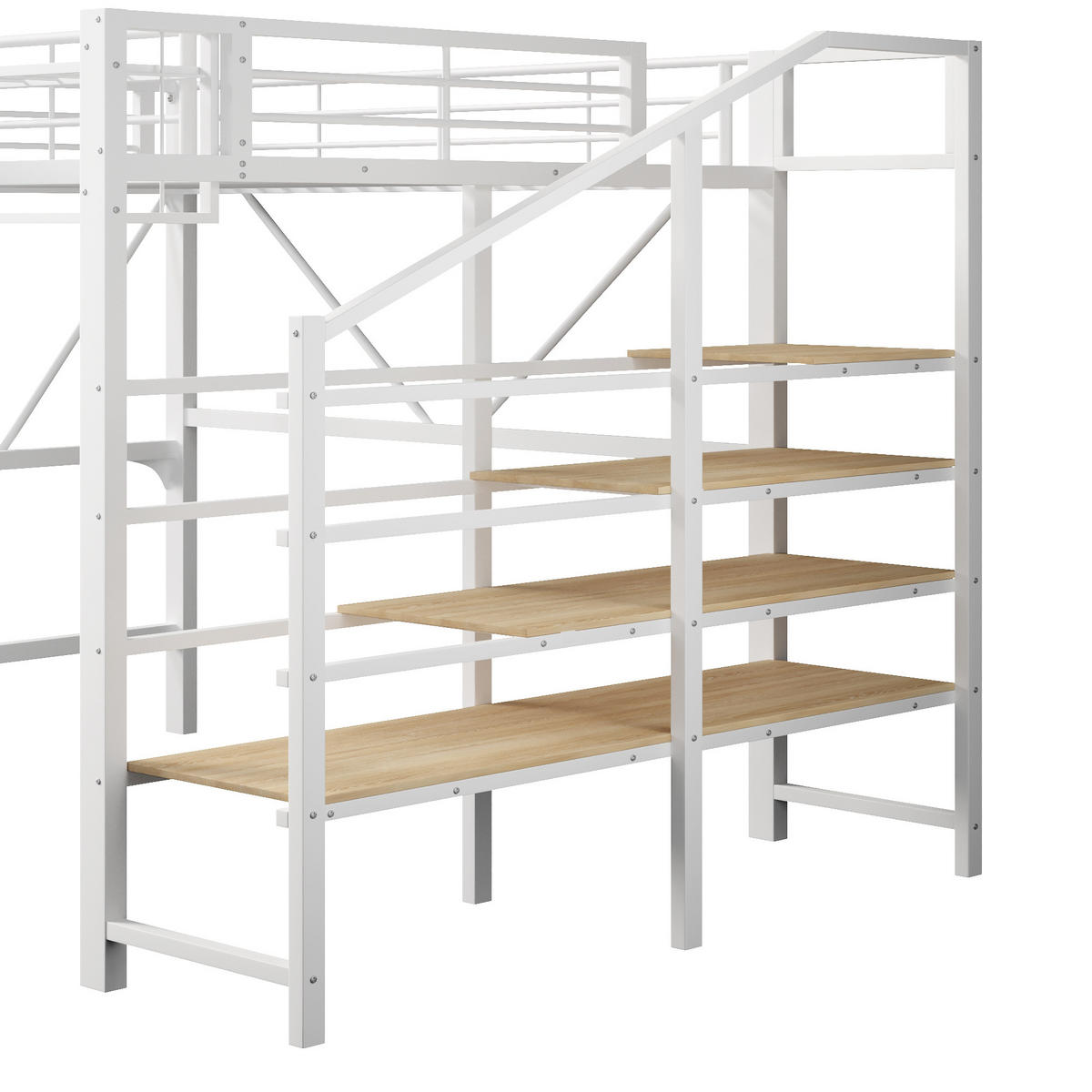 HOCHBETT 140/200 cm in Weiß mit Stufenregal, Gitterelementen, Aufbewahrungskorb und LED aus Metall und MDF - Weiß, Metall - STILVORA