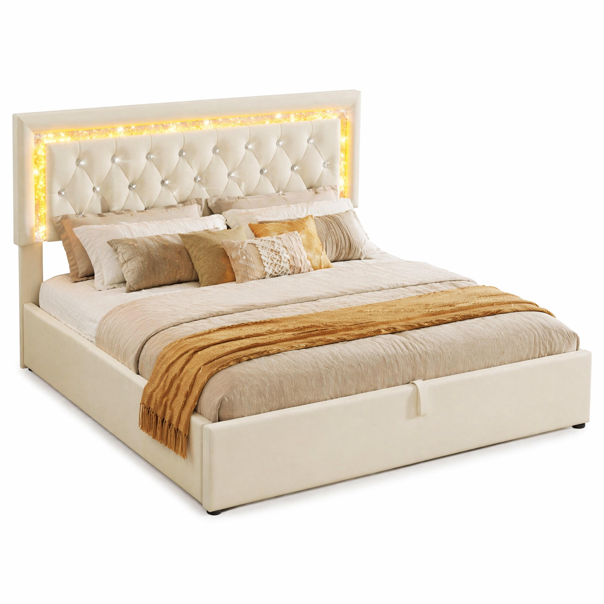 POLSTERBETT 140/200 cm in Beige mit Bettkasten, LED und USB/Type-C Samt Rautendesign - Beige, Holzwerkstoff/Textil (140/200cm) - STILVORA